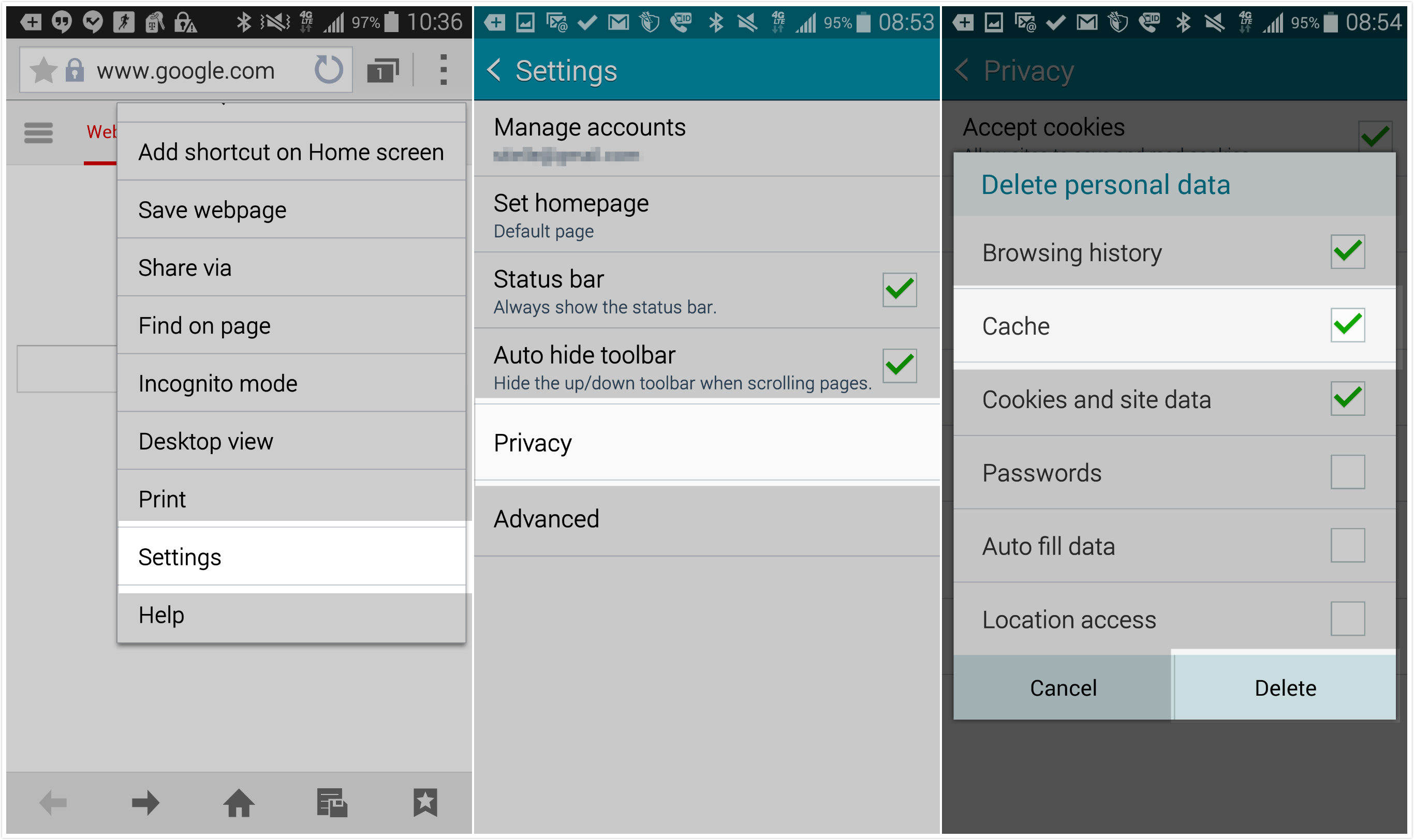 clear cache and cookies from android phone